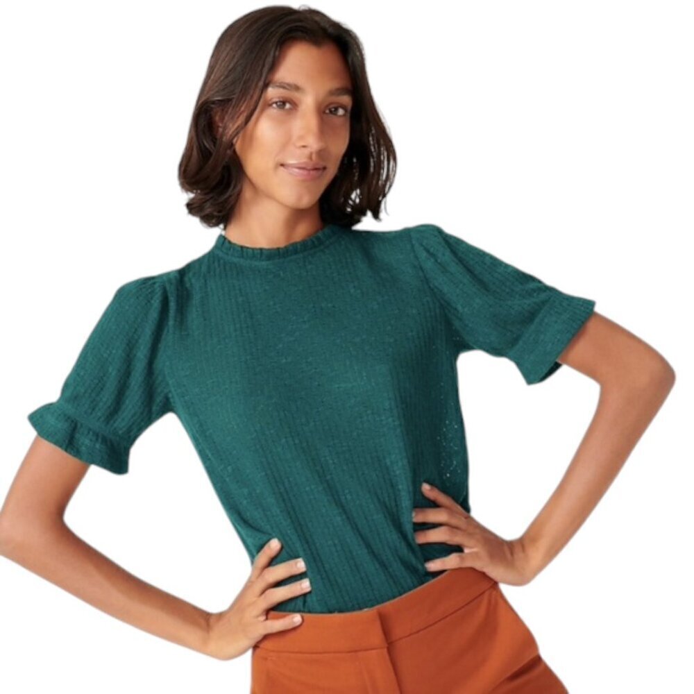 J. Crew Green Pointelle Short Sleeve Ruffle Neck Top